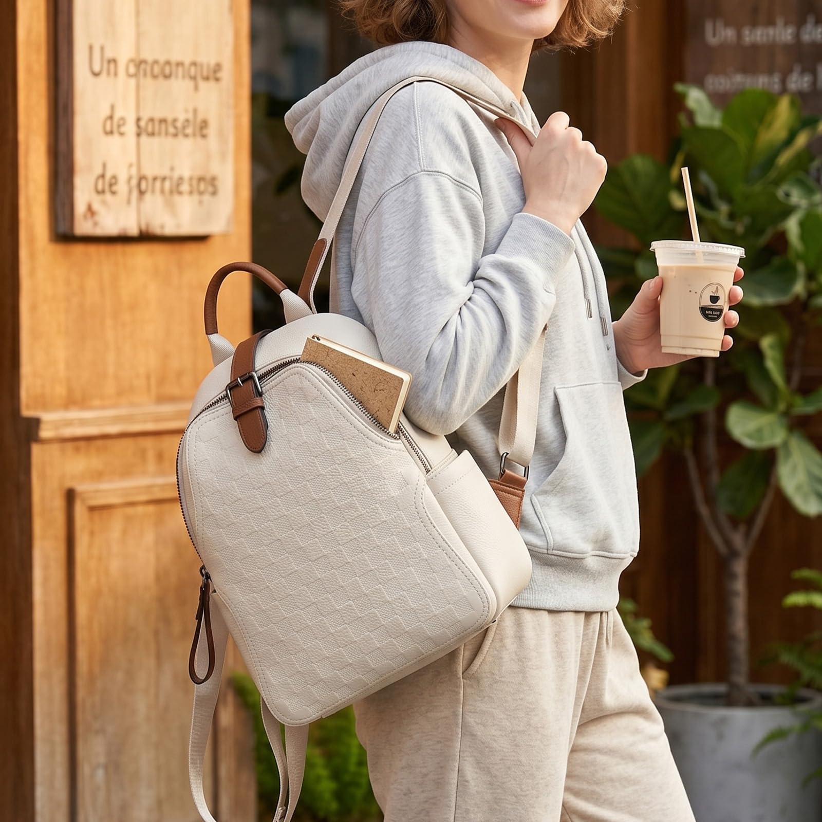 Leatherwork Embossing - Women Embossed Checkered PU Leather Backpack,