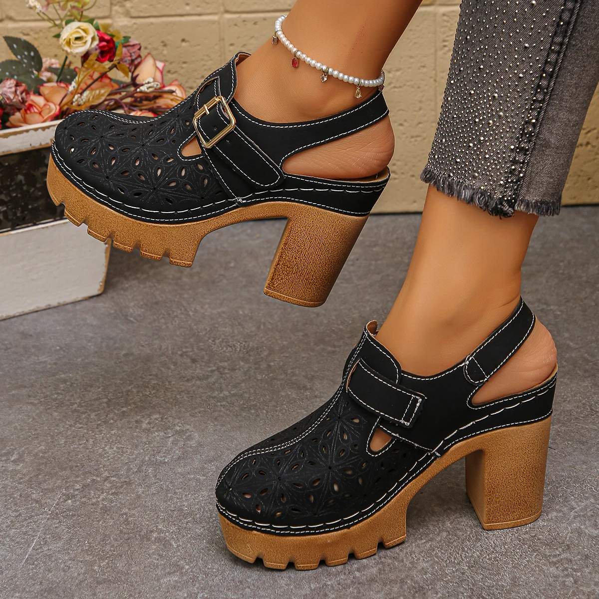 Leather Work Heels - Large Size Women's Thick Heel Sandals